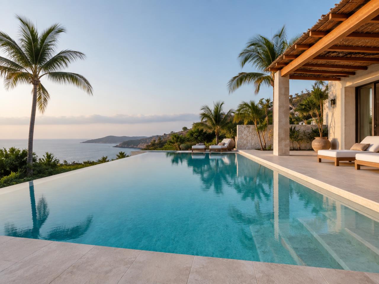 Alberca residencial cristalina al amanecer en la costa de Nayarit